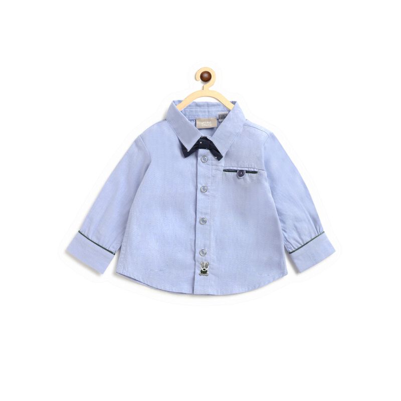 Long Sleeve Cotton  Shirt - Blue , With Bow image number null